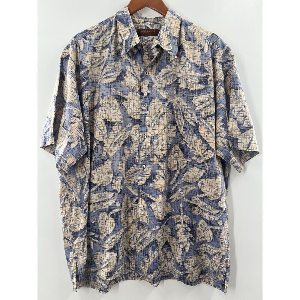 Tori Richard Men’s Short Sleeve Shirt Button Down Blue Tan Floral Size XL EUC
